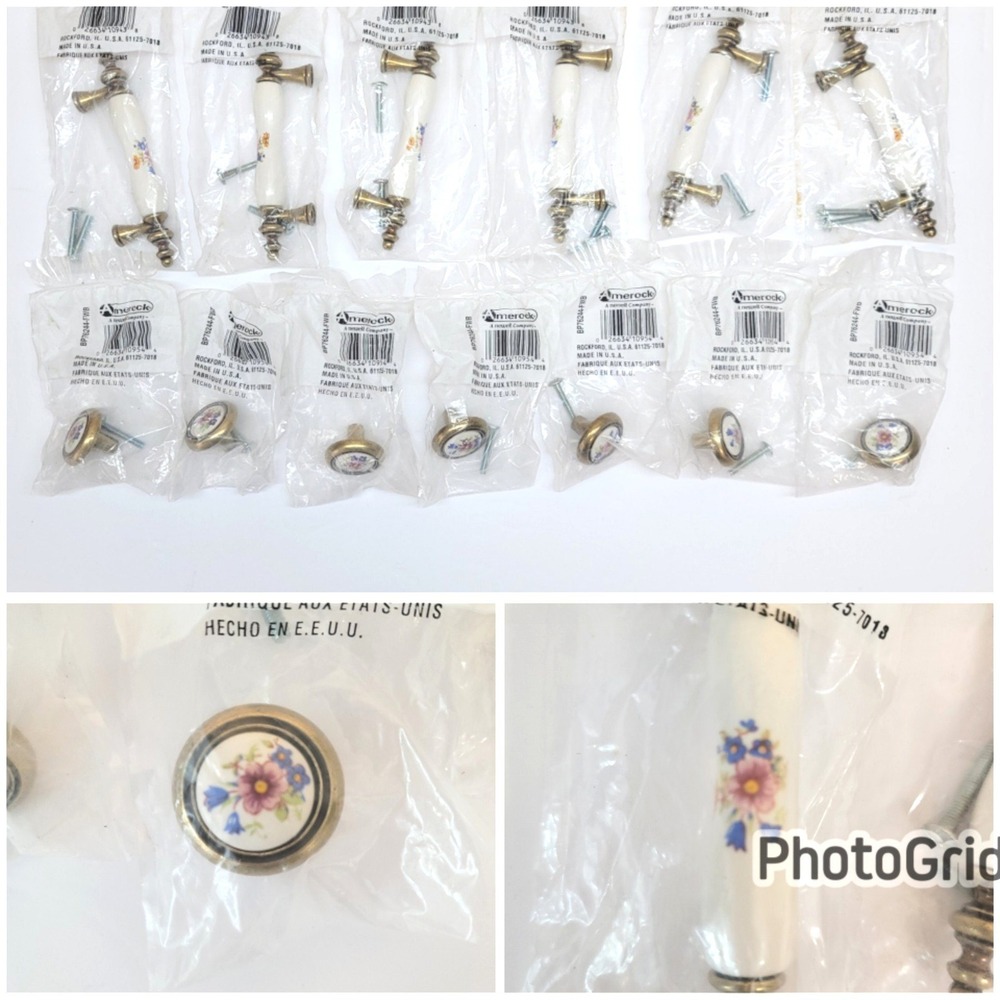 Amerock Floral Ceramic Antique Brass Cabinet Hardware 6 Pulls 7 Knobs 13pc Set